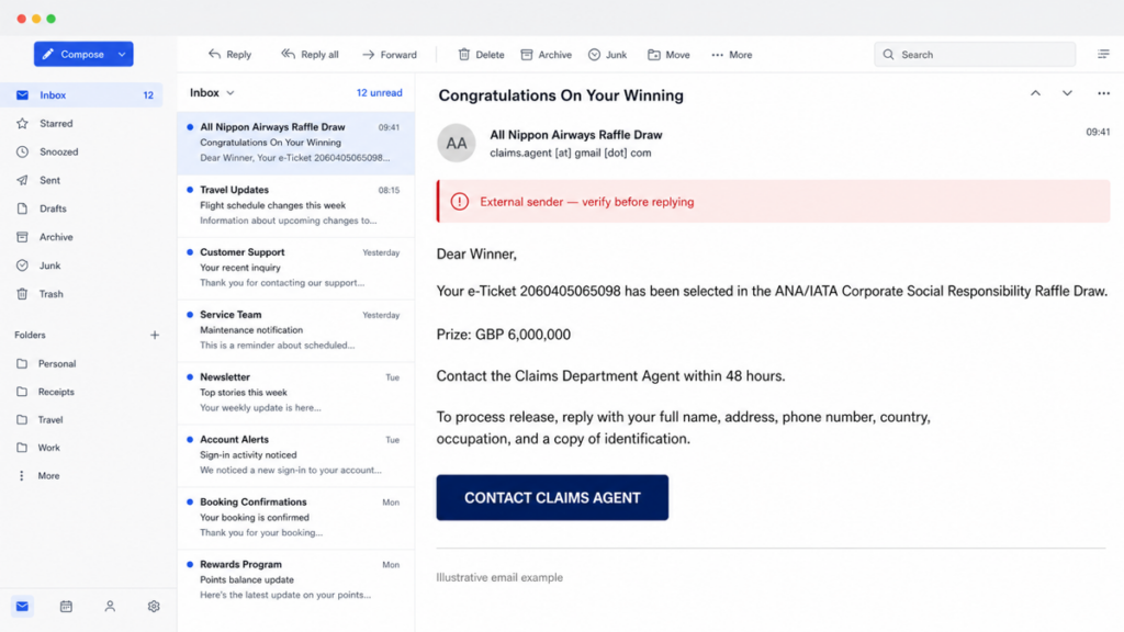 All Nippon Airways Raffle Draw Email Scam: Fake £6M Prize 2 Fake ANA IATA raffle draw email promising GBP 6 million and asking for identification.