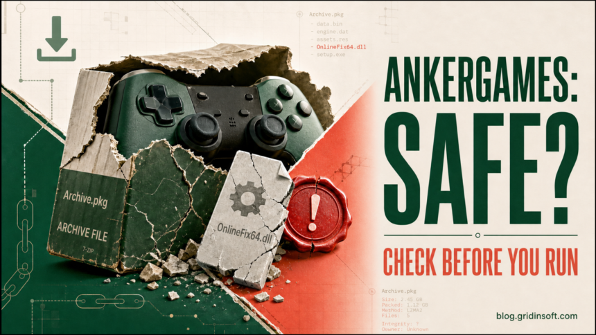 Cracked game archive exposing OnlineFix64.dll beside the question AnkerGames: Safe?