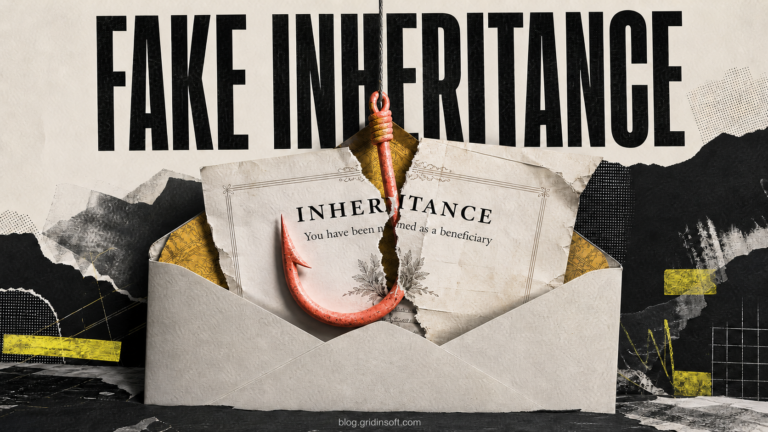 Fake inheritance letter caught on a hook with the words Fake Inheritance.