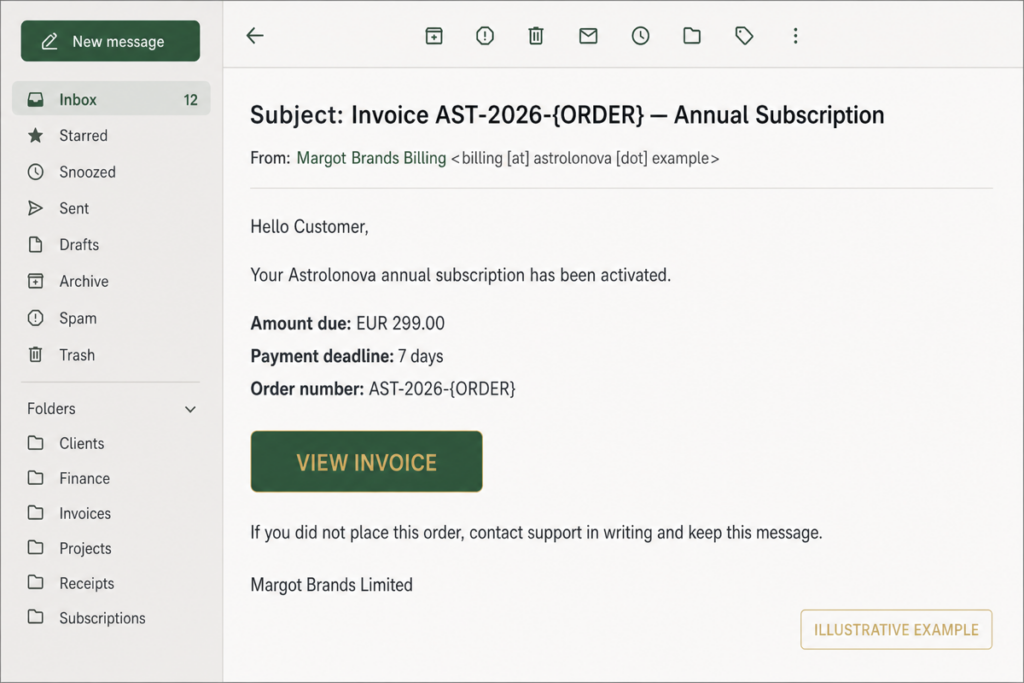 Astrolonova Invoice Scam: What to Do About the EUR299 Bill 2 Illustrative Astrolonova annual subscription invoice email showing EUR299 and a payment deadline.