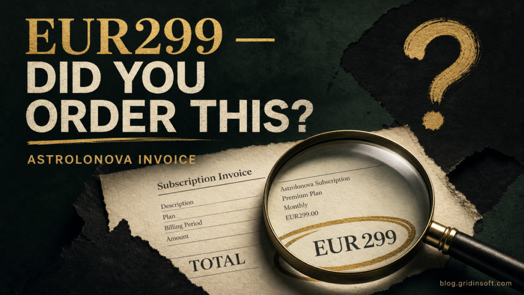 Magnifying glass over an unexpected Astrolonova EUR299 subscription invoice.