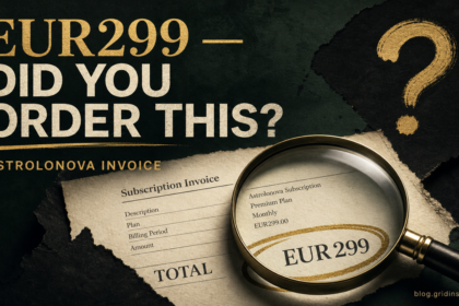 Magnifying glass over an unexpected Astrolonova EUR299 subscription invoice.