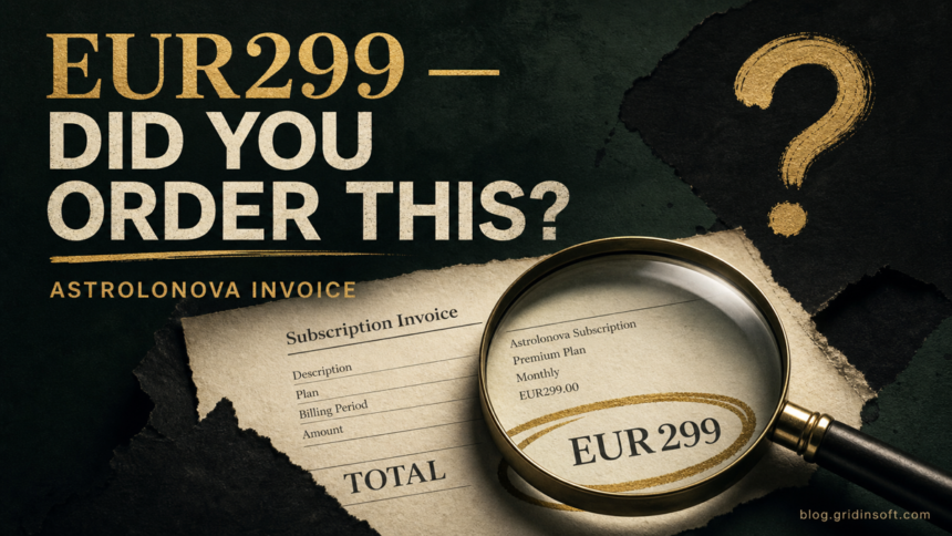Astrolonova Invoice Scam: What to Do About the EUR299 Bill 1 Magnifying glass over an unexpected Astrolonova EUR299 subscription invoice.