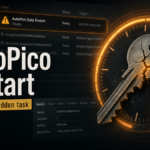 AutoPico Daily Restart scheduled task warning with a cracked activation key and restart timer.