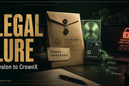 Legal document lure leading to an ISO image, shortcut, and CrownX ransomware warning.