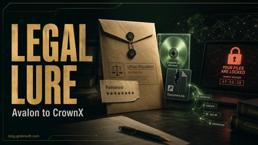 Legal document lure leading to an ISO image, shortcut, and CrownX ransomware warning.