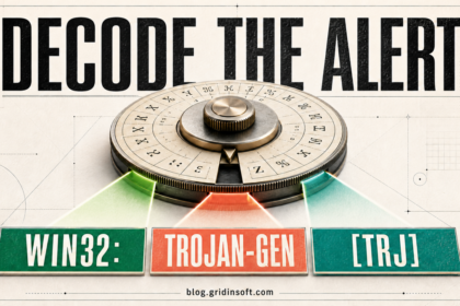 Avast detection name decoder showing Win32, Trojan-gen, and Trj parts.