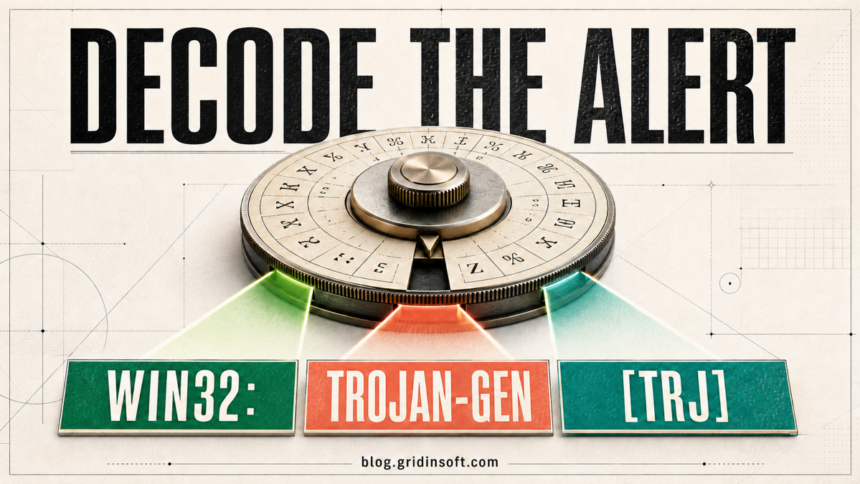 Avast detection name decoder showing Win32, Trojan-gen, and Trj parts.