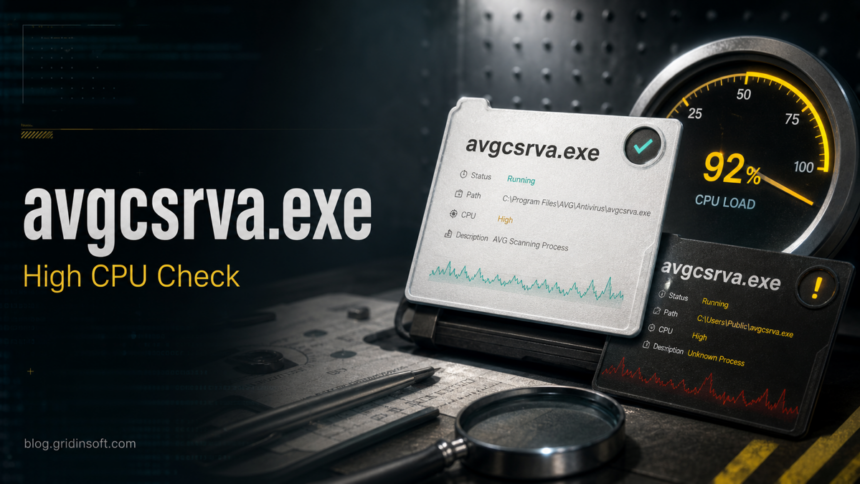 avgcsrva.exe: AVG Process High CPU or Malware Copy? 1 avgcsrva.exe high CPU and suspicious copy check with process cards and CPU load gauge.