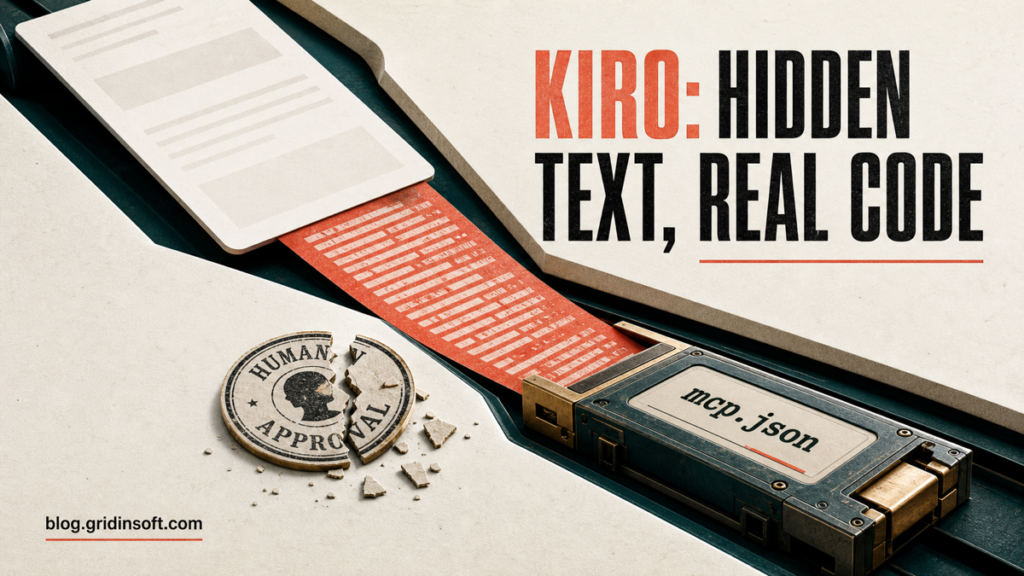 Hidden web text crossing Kiro’s approval boundary and rewriting mcp.json to run code.
