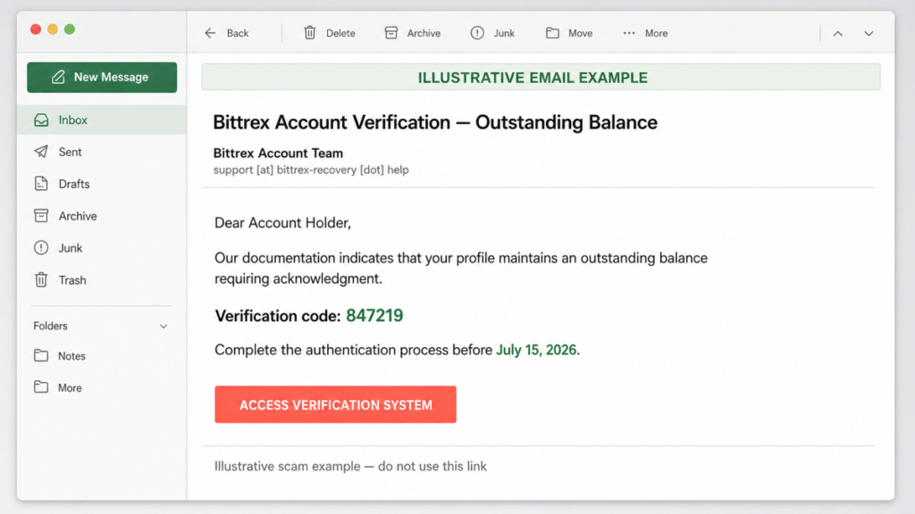 Bittrex Account Verification Email Scam: Balance Recovery Trap 2 Illustrative Bittrex Account Verification email with an unexpected balance, access code, July 15 deadline, and verification button.