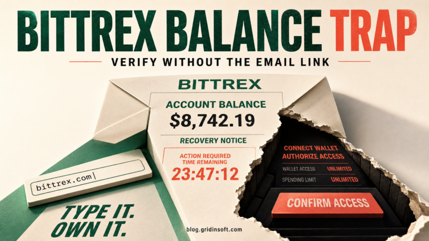 Bittrex Account Verification Email Scam: Balance Recovery Trap 1 Bittrex balance recovery email splitting into a safe manual login path and a risky wallet authorization trap.