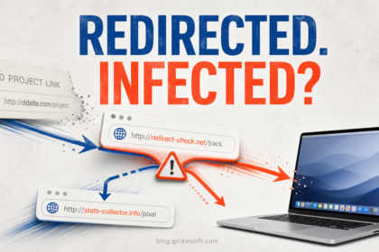 Old project link branching through suspicious redirects toward a Mac, asking whether the device was infected.