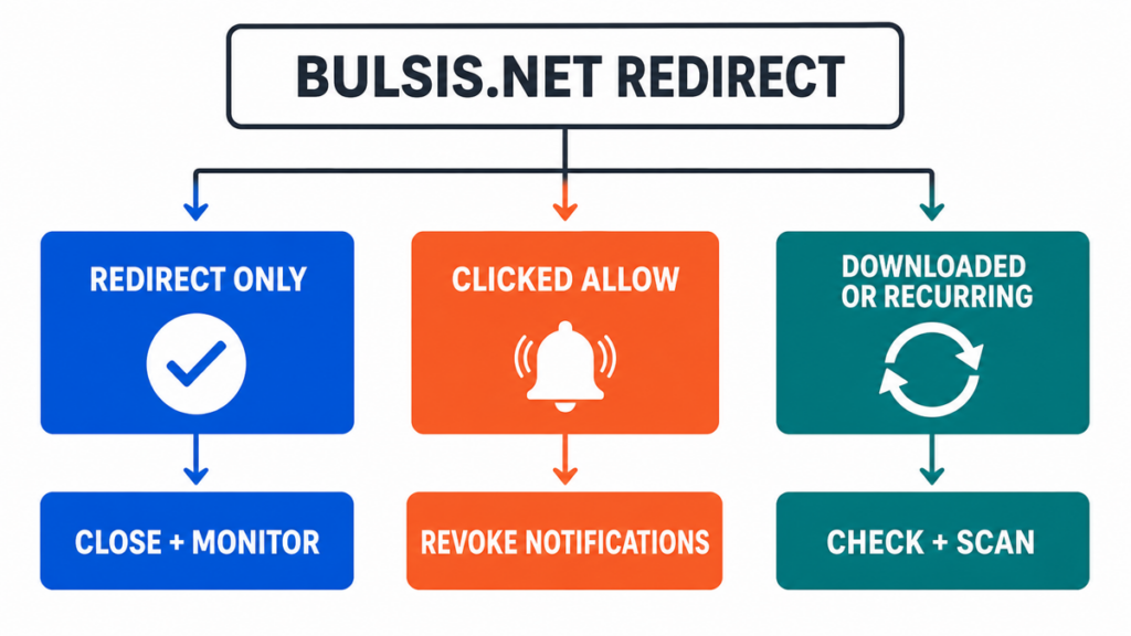 Bulsis.net redirect decision diagram separating redirect-only exposure, allowed notifications, and downloaded or recurring behavior.