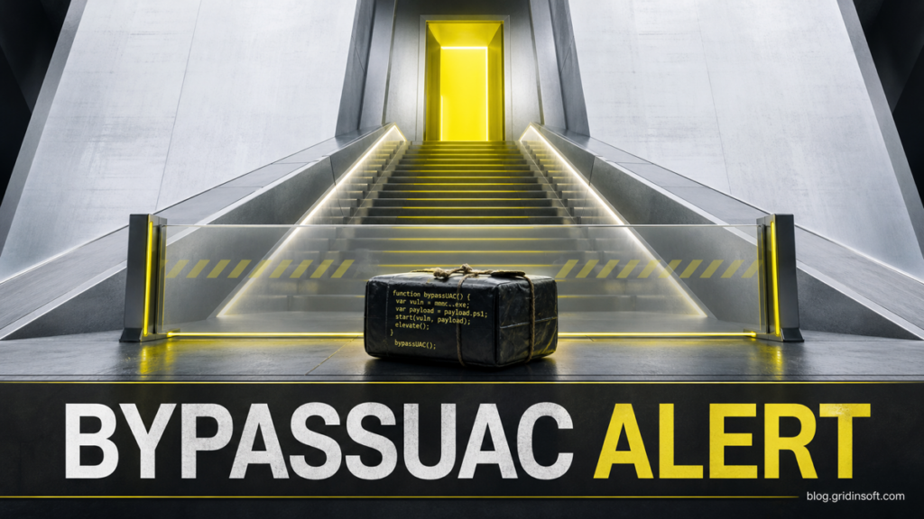 A BypassUAC warning blocks a suspicious script from crossing an elevated Windows permission boundary.