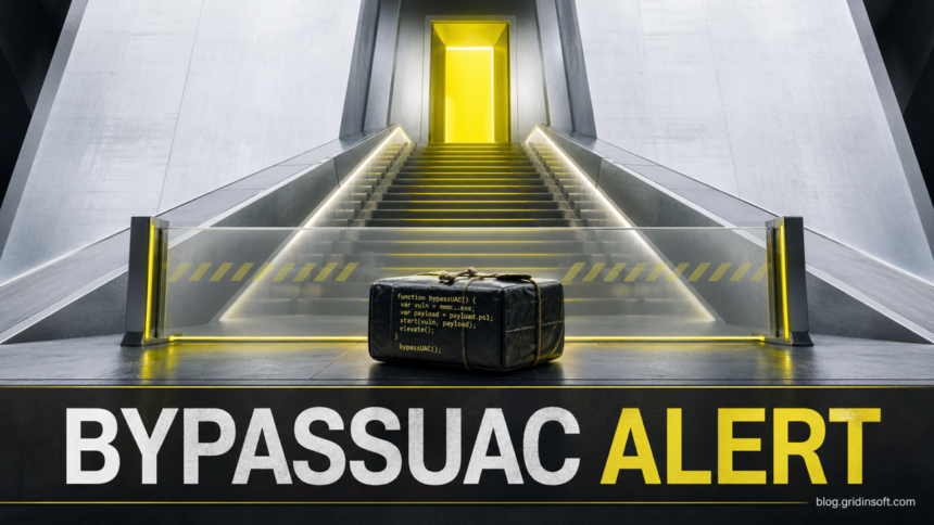 A BypassUAC warning blocks a suspicious script from crossing an elevated Windows permission boundary.