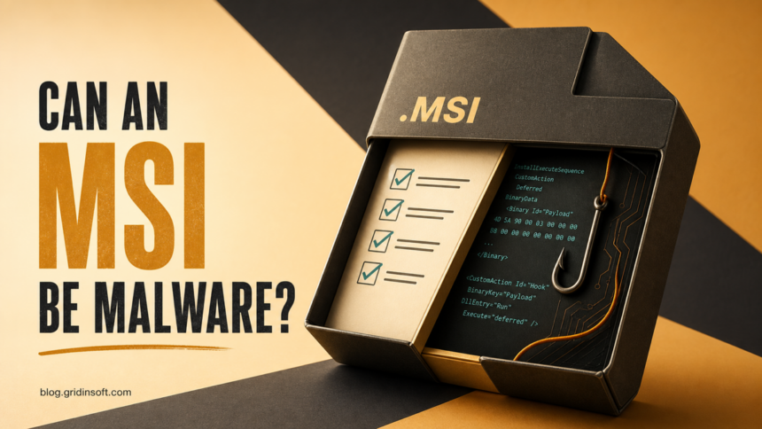 Open MSI installer package showing a trusted checklist beside a hidden malware hook