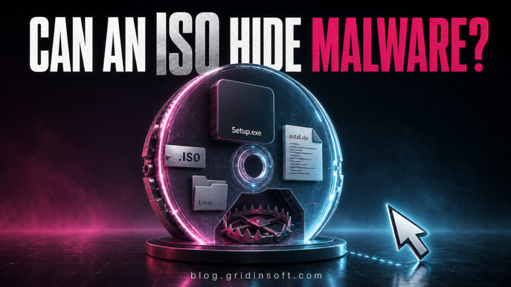 Virtual ISO disc revealing Setup.exe, install.vbs, and a hidden trap