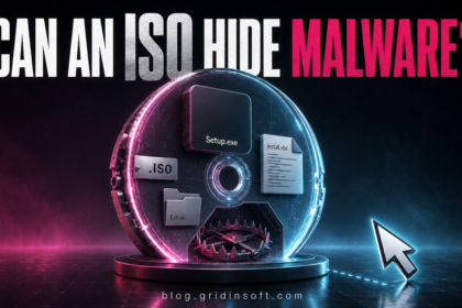 Virtual ISO disc revealing Setup.exe, install.vbs, and a hidden trap