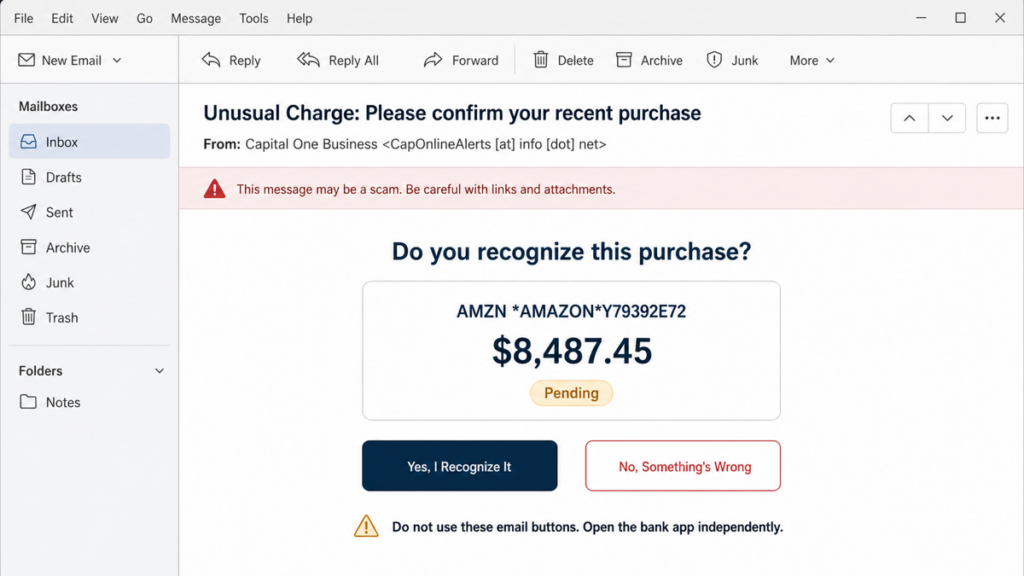 Opened fake Capital One unusual charge email showing a mismatched sender and purchase-confirmation buttons.