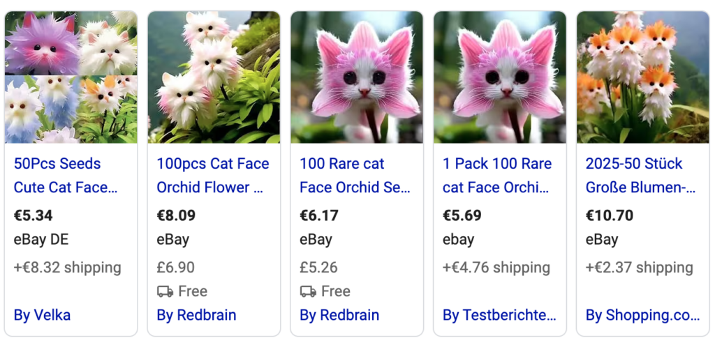 AI Flower Seed Scams: Fake Plants, Real Payments, and Marketplace Red Flags 2 Shopping result grid with several cat-face flower seed listings