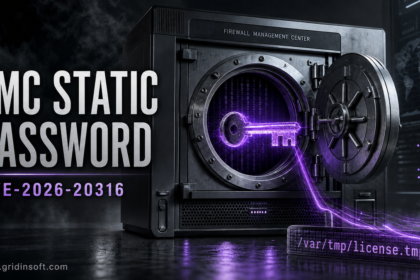 A steel firewall management vault is opened by a glowing static password key beside the CVE-2026-20316 identifier.
