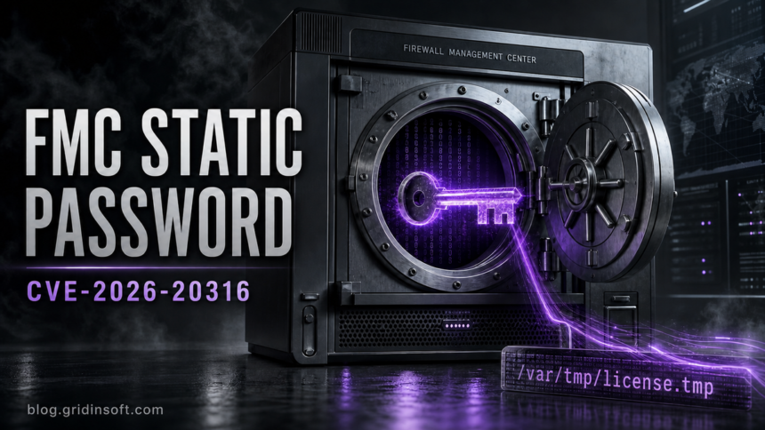 A steel firewall management vault is opened by a glowing static password key beside the CVE-2026-20316 identifier.