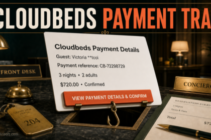Fake Cloudbeds Payment Details email shown as a $720 hotel reservation phishing trap.