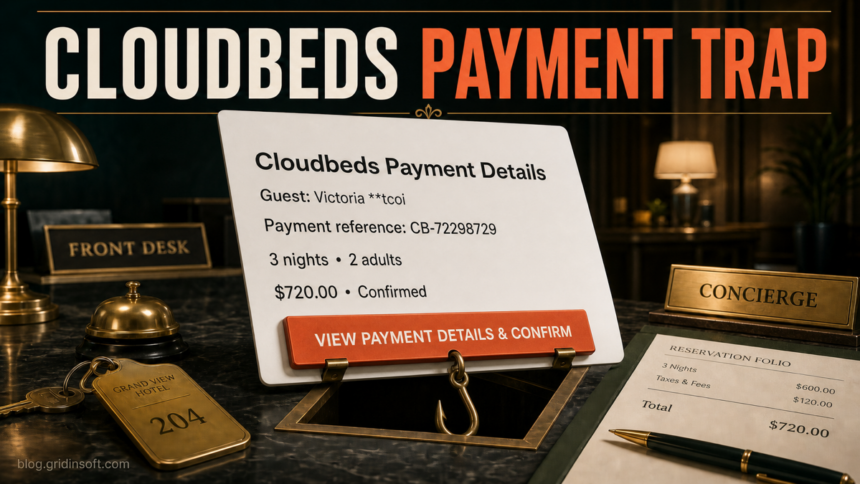 Fake Cloudbeds Payment Details email shown as a $720 hotel reservation phishing trap.