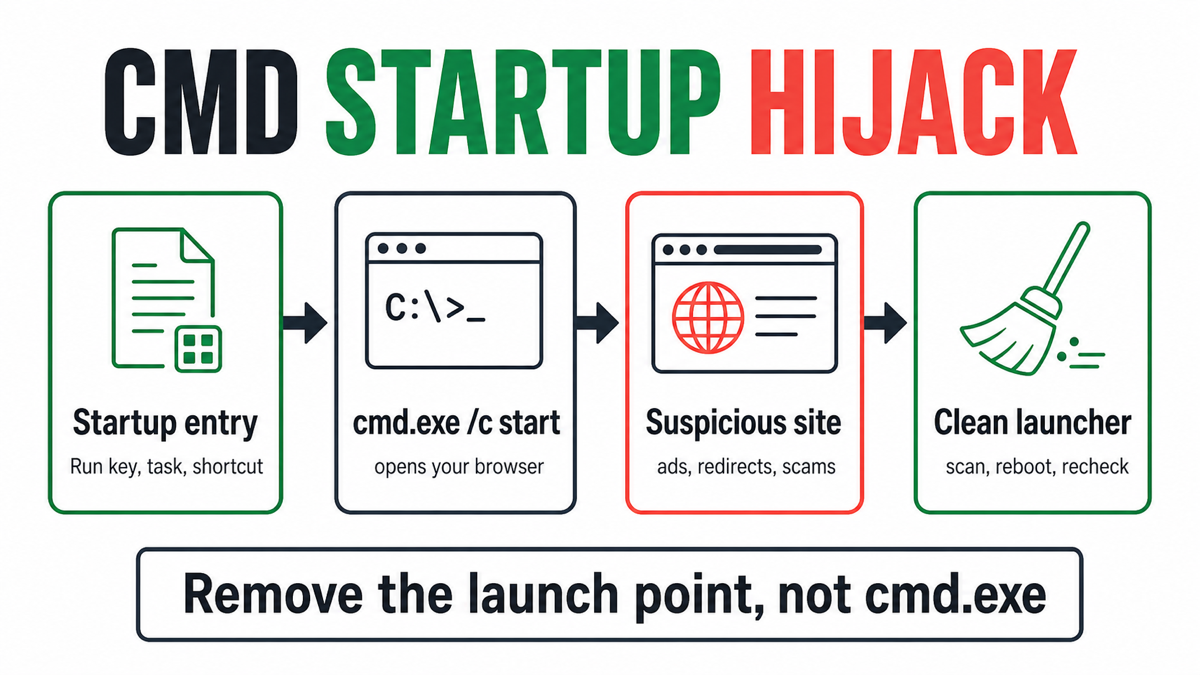 CMD Opens a Website on Startup: Remove the Startup Hijack 2 Diagram showing a startup entry running cmd.exe /c start to open a suspicious site and the cleanup order.