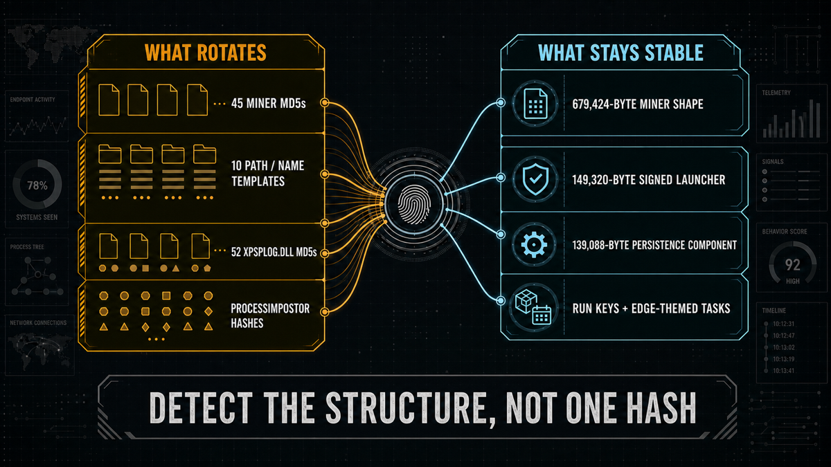 Rotating Names, Stable Loader: A Polymorphic CoinMiner Cluster on Chinese Windows Systems 3 Comparison of rotating CoinMiner hashes and names with stable payload sizes, launcher, persistence component, Run keys, and scheduled tasks.