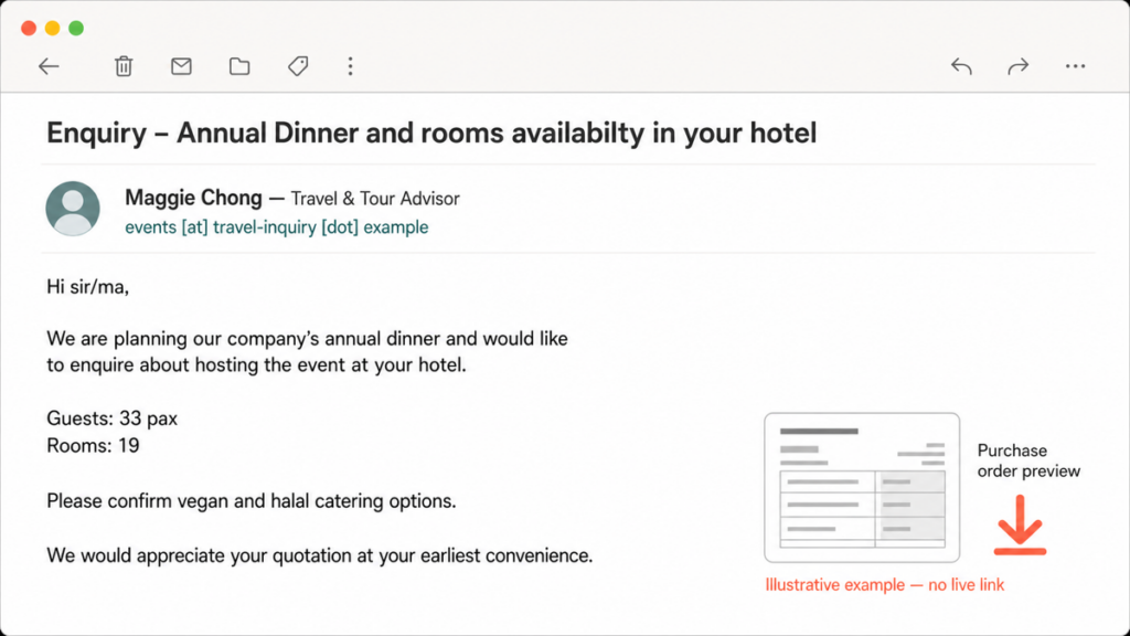 Company's Annual Dinner Email Virus: Did Clicking Infect You? 2 Annual dinner hotel booking email with 33 guests, 19 rooms, and a purchase-order preview.