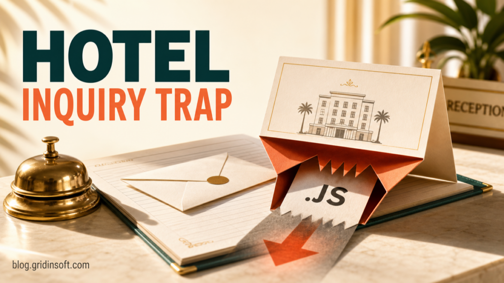 Hotel booking inquiry hiding a JavaScript download trap in a purchase-order preview.