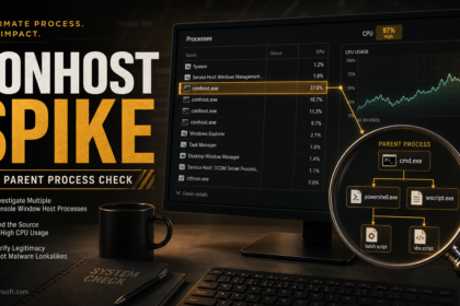 Conhost.exe high CPU parent process check in a Windows Task Manager style view.