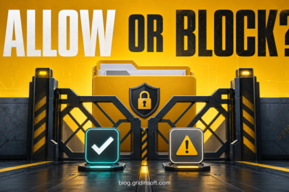A protected folder behind a security gate while verified and unknown apps face an allow-or-block decision