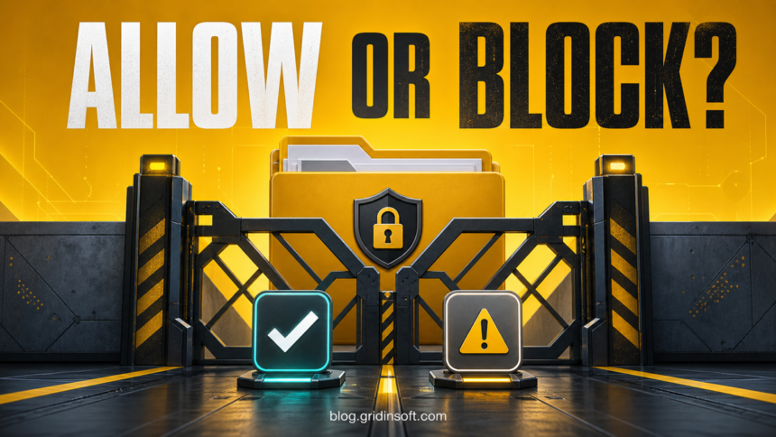 A protected folder behind a security gate while verified and unknown apps face an allow-or-block decision