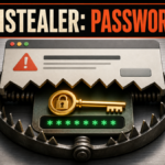 Fake crash-report dialog closing like a trap around a password key