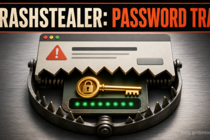 Fake crash-report dialog closing like a trap around a password key