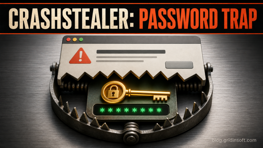 Fake crash-report dialog closing like a trap around a password key