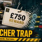 CreditMyCart.com scam warning showing a fake £750 reward voucher hooked into a personal-data form.