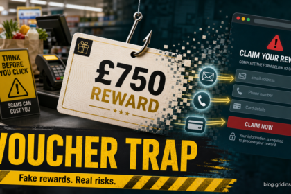 CreditMyCart.com scam warning showing a fake £750 reward voucher hooked into a personal-data form.