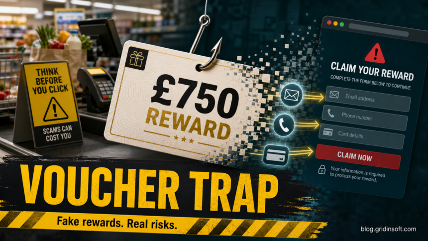 CreditMyCart.com Scam: Fake £750 Tesco Voucher Warning 1 CreditMyCart.com scam warning showing a fake £750 reward voucher hooked into a personal-data form.