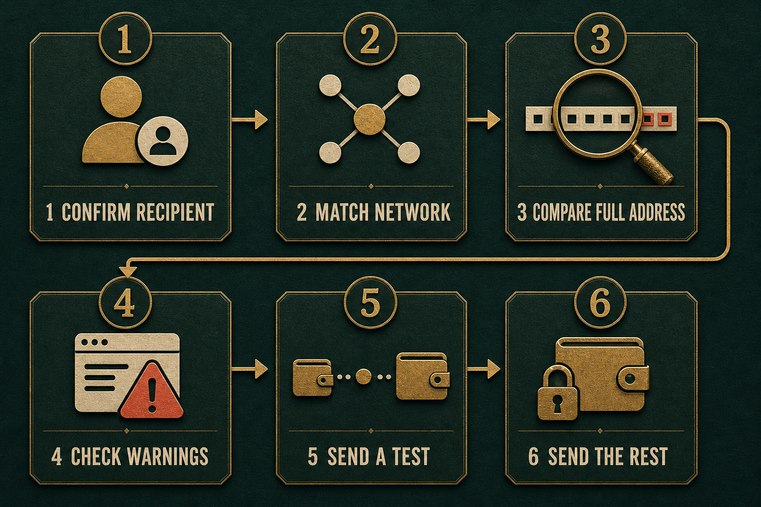 Six-step workflow to confirm a crypto recipient, match the network, compare the full address, check warnings, send a test, and send the remainder.