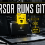 A glowing git.exe file rises from a cloned repository opened in Cursor on Windows