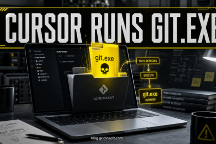 A glowing git.exe file rises from a cloned repository opened in Cursor on Windows