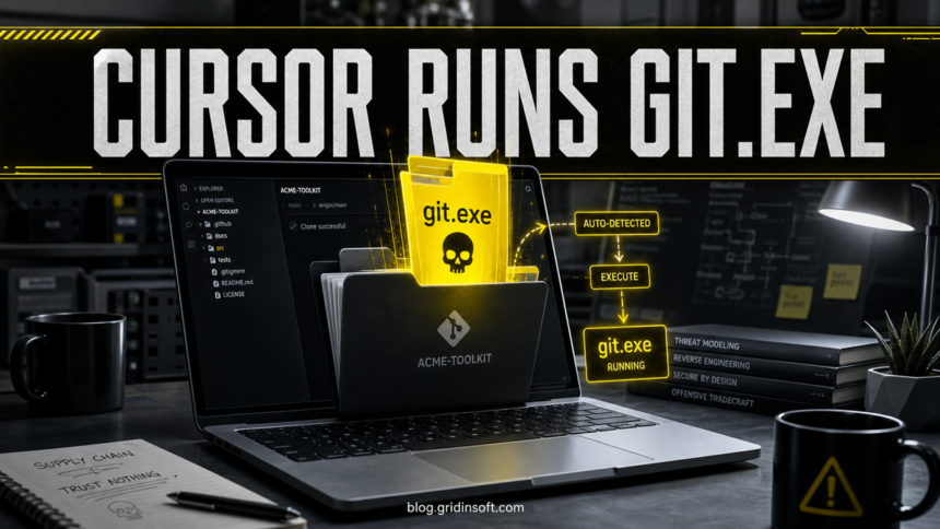 Cursor git.exe Flaw: Check Windows Repositories Before Opening 1 A glowing git.exe file rises from a cloned repository opened in Cursor on Windows
