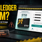 DealsLedger.com scam warning with a suspicious 750 dollar gift card form.
