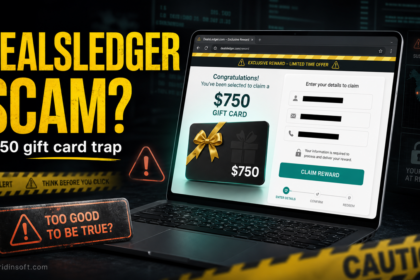 DealsLedger.com scam warning with a suspicious 750 dollar gift card form.
