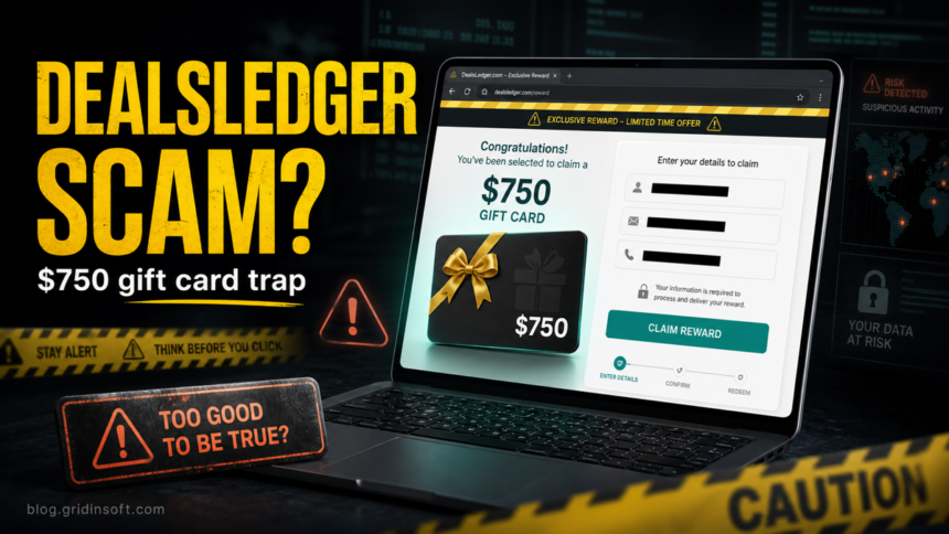 DealsLedger.com Scam: Fake $750 Walmart Gift Card Warning 1 DealsLedger.com scam warning with a suspicious 750 dollar gift card form.