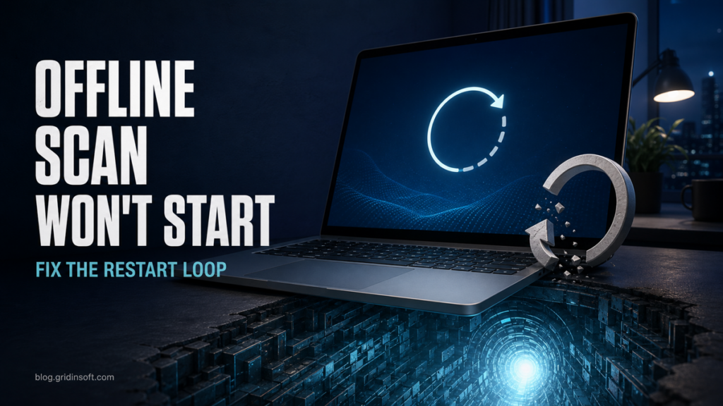 A Windows PC caught in a restart loop while Microsoft Defender Offline fails to enter its scan environment.